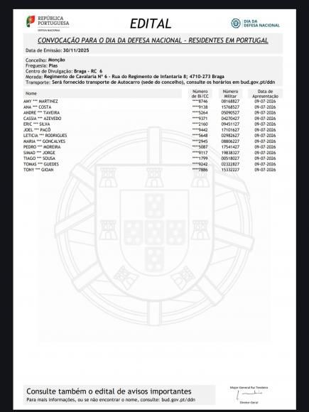 Convocat&oacute;ria para Dia da Defesa Nacional